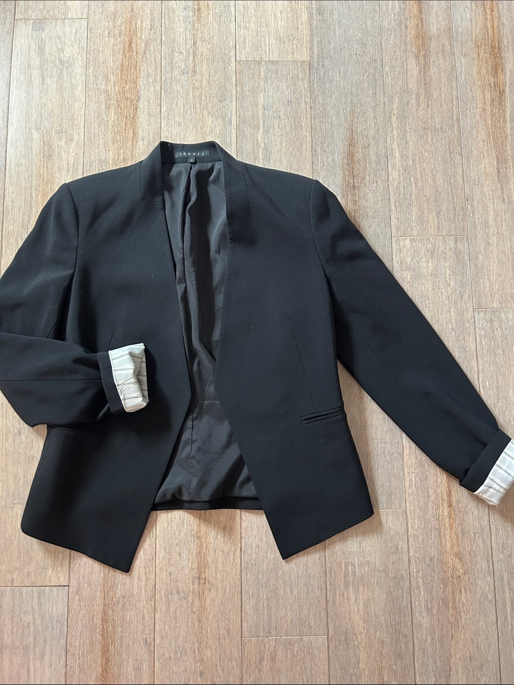 Theory Black Open Front Blazer with Cuffed Sleeves size 6